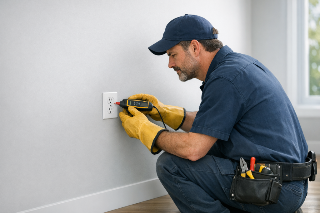 Electrician inspecting a buzzing electrical outlet in a home