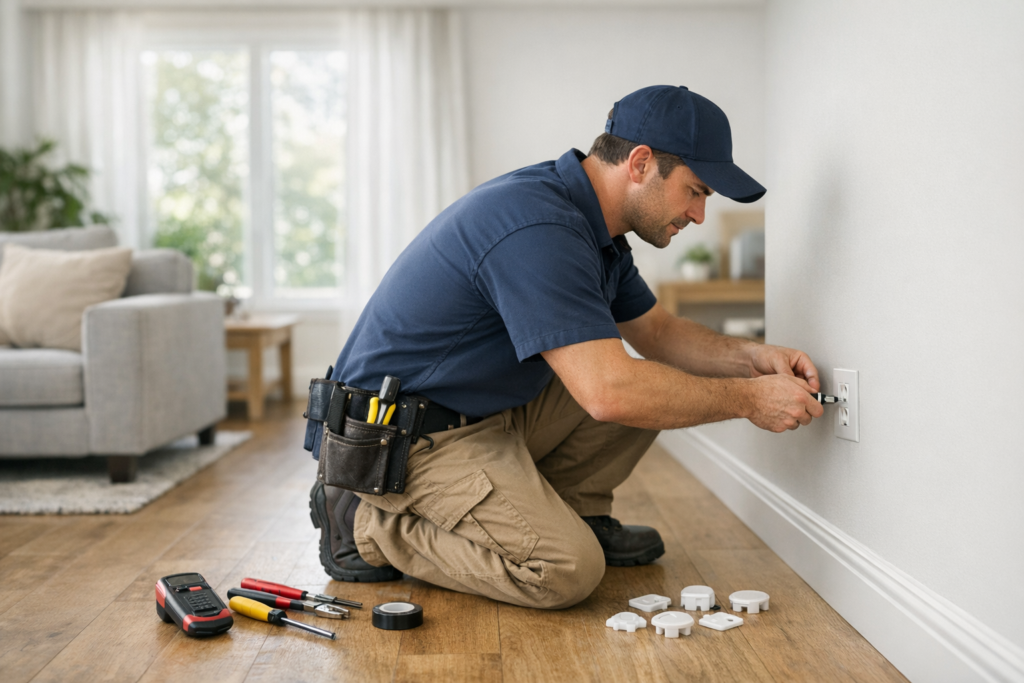 Electrician installing childproof electrical outlets in a bright family living room