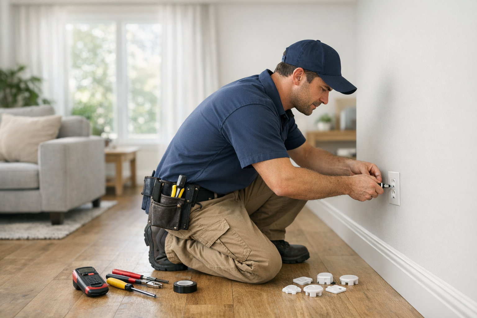Electrician installing childproof electrical outlets in a bright family living room