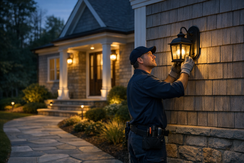 Electrician reviewing exterior lighting installation near a property entrance