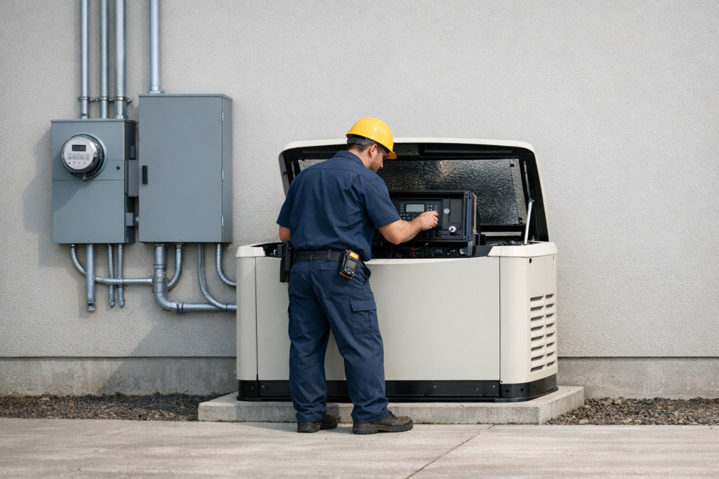 Electrician inspecting a commercial backup generator at a small business