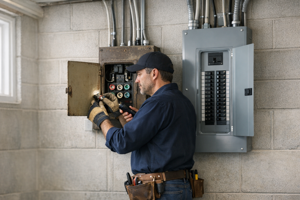 Electrician inspecting panel during fuse box replacement evaluation