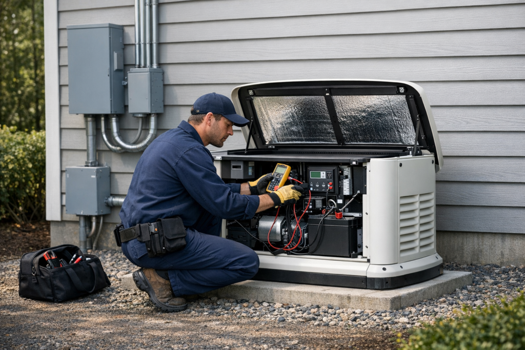 Electrician performing generator testing on a standby unit