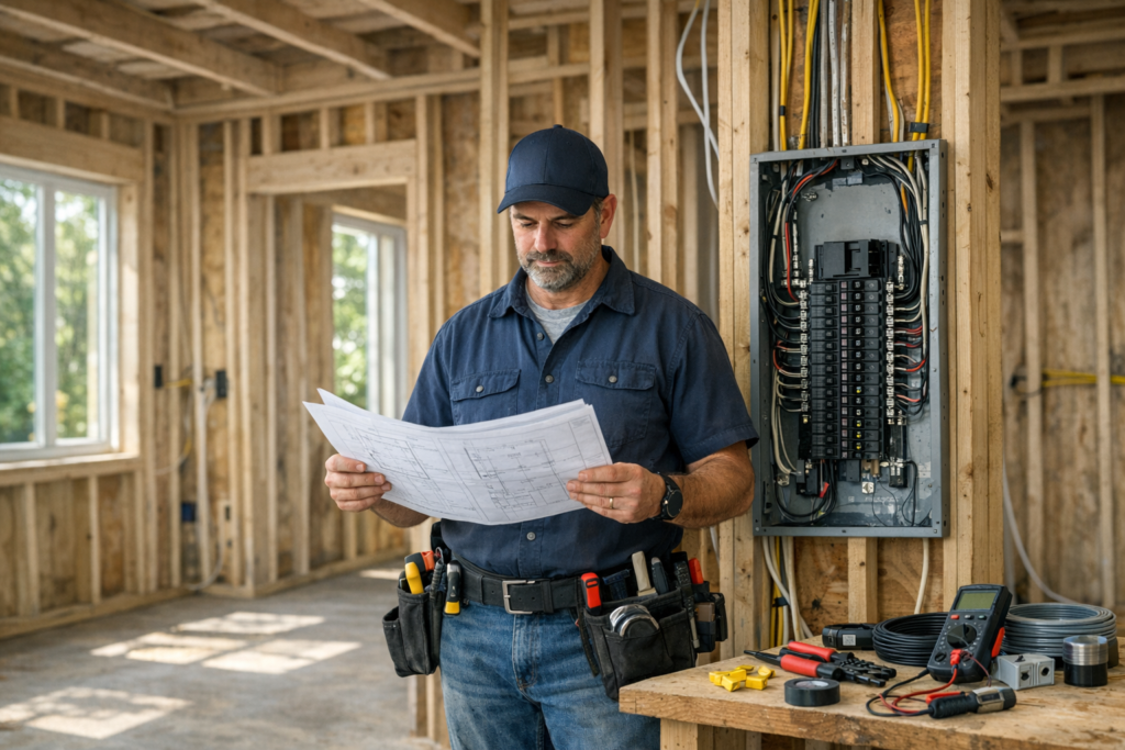 Electrician planning home addition electrical wiring and panel capacity