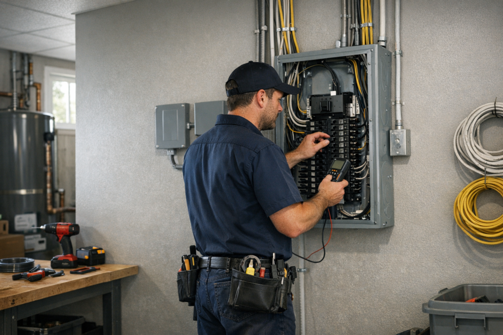 Electrician performing home electrical upgrades at a residential panel