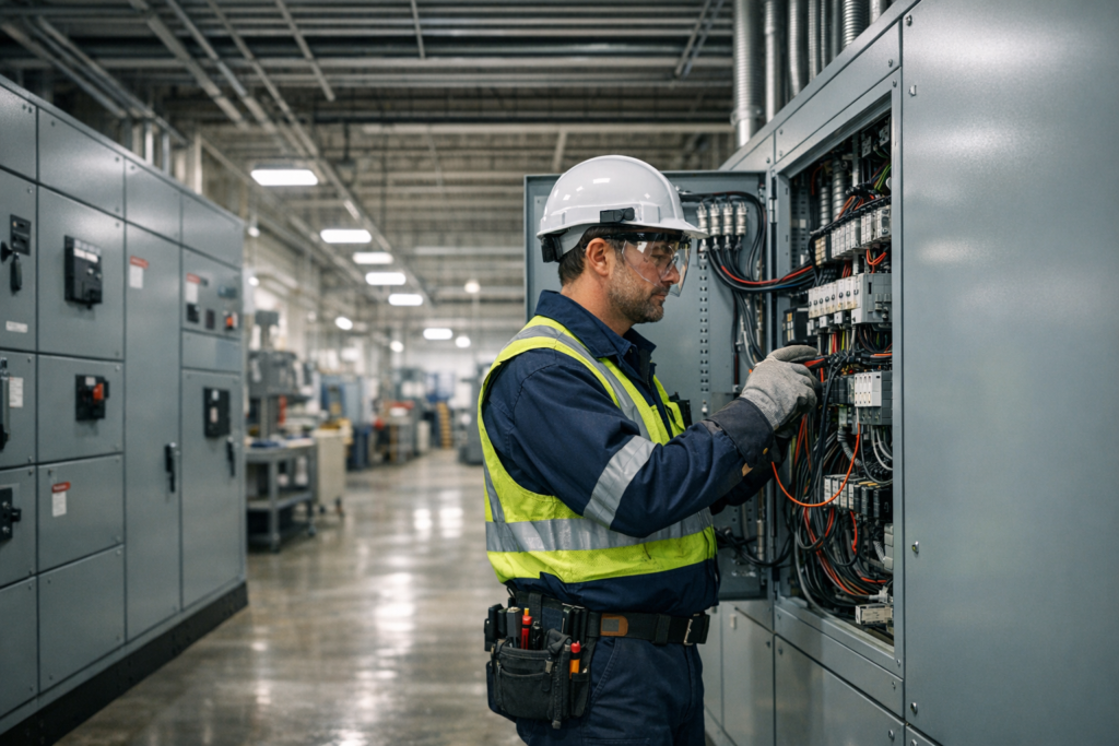 Electrician performing industrial electrical maintenance inside a manufacturing facility