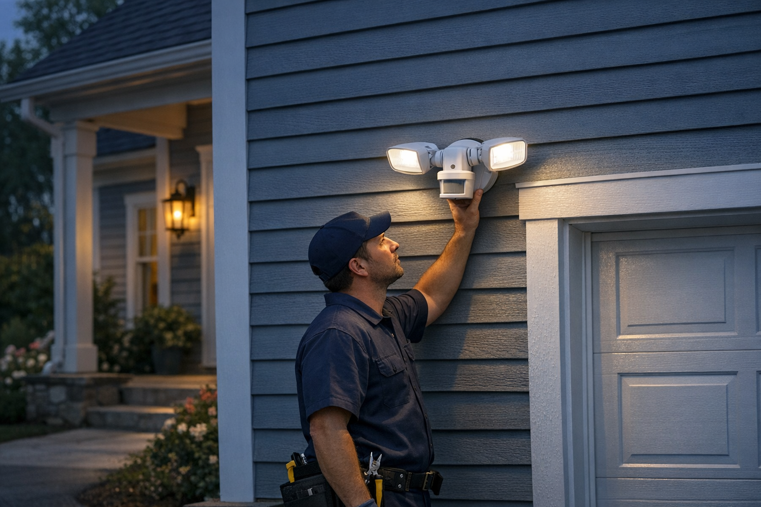 Motion sensor security lighting installed outside a home