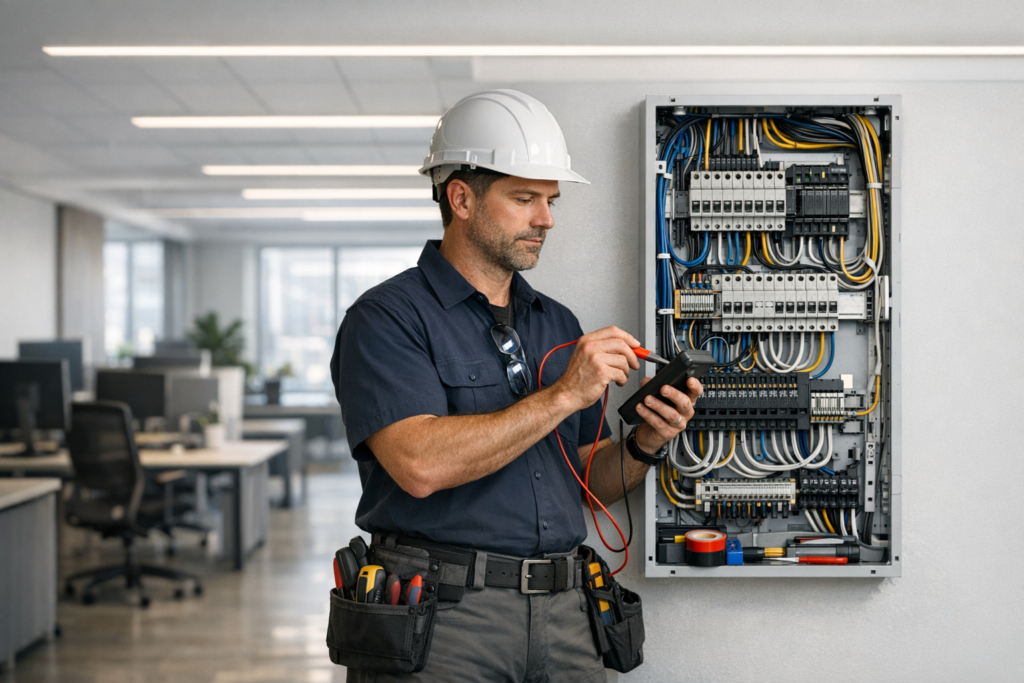 Electrician performing office electrical upgrades in a modern workspace