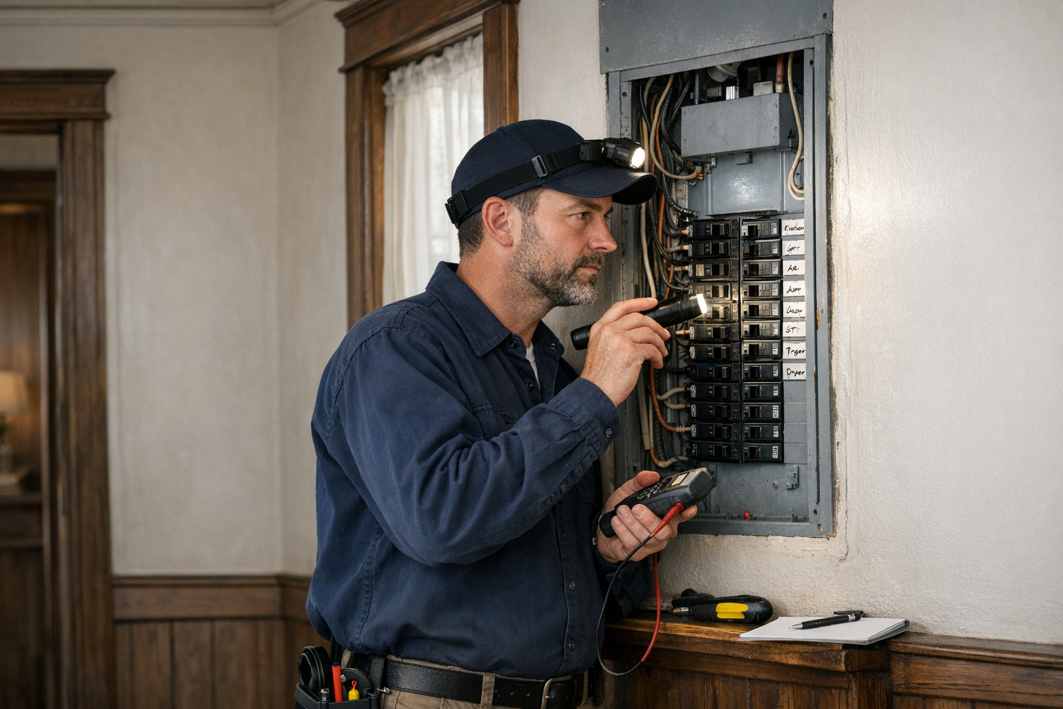 Electrician performing older home electrical inspection at residential panel