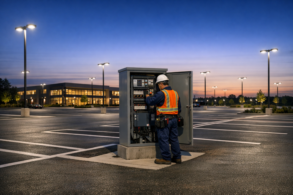 Electrician inspecting parking lot lighting outside a commercial building