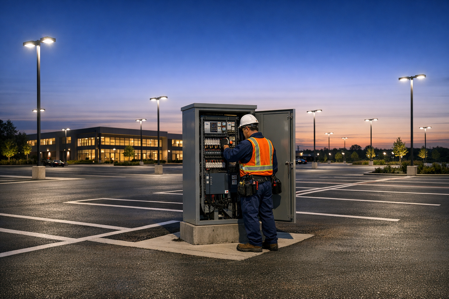 Electrician inspecting parking lot lighting outside a commercial building