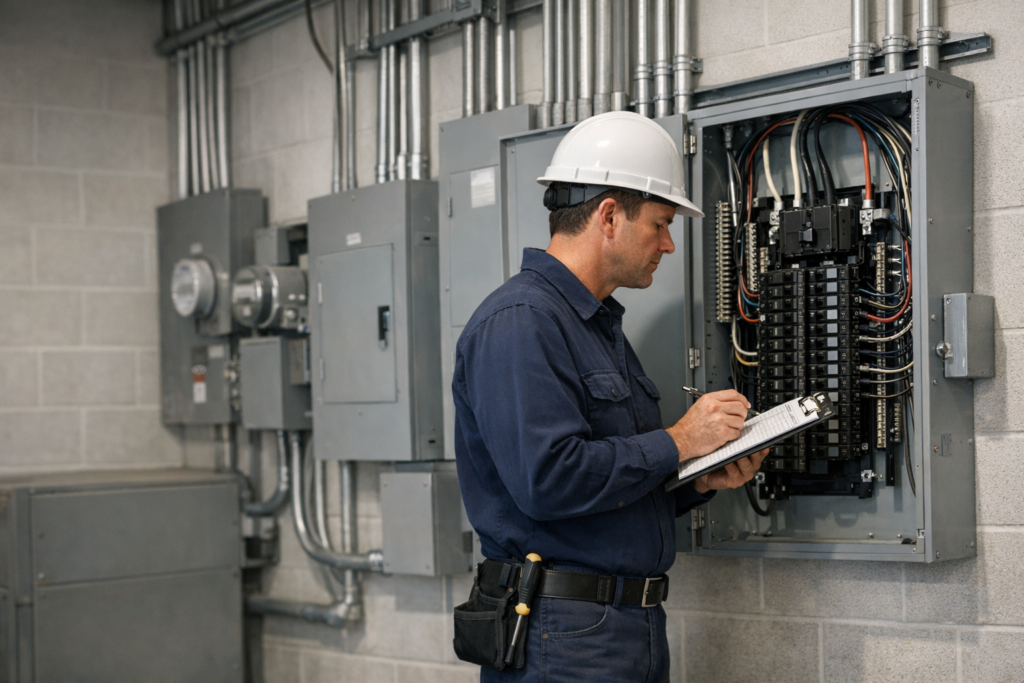 Electrician inspecting panel for property manager electrical safety