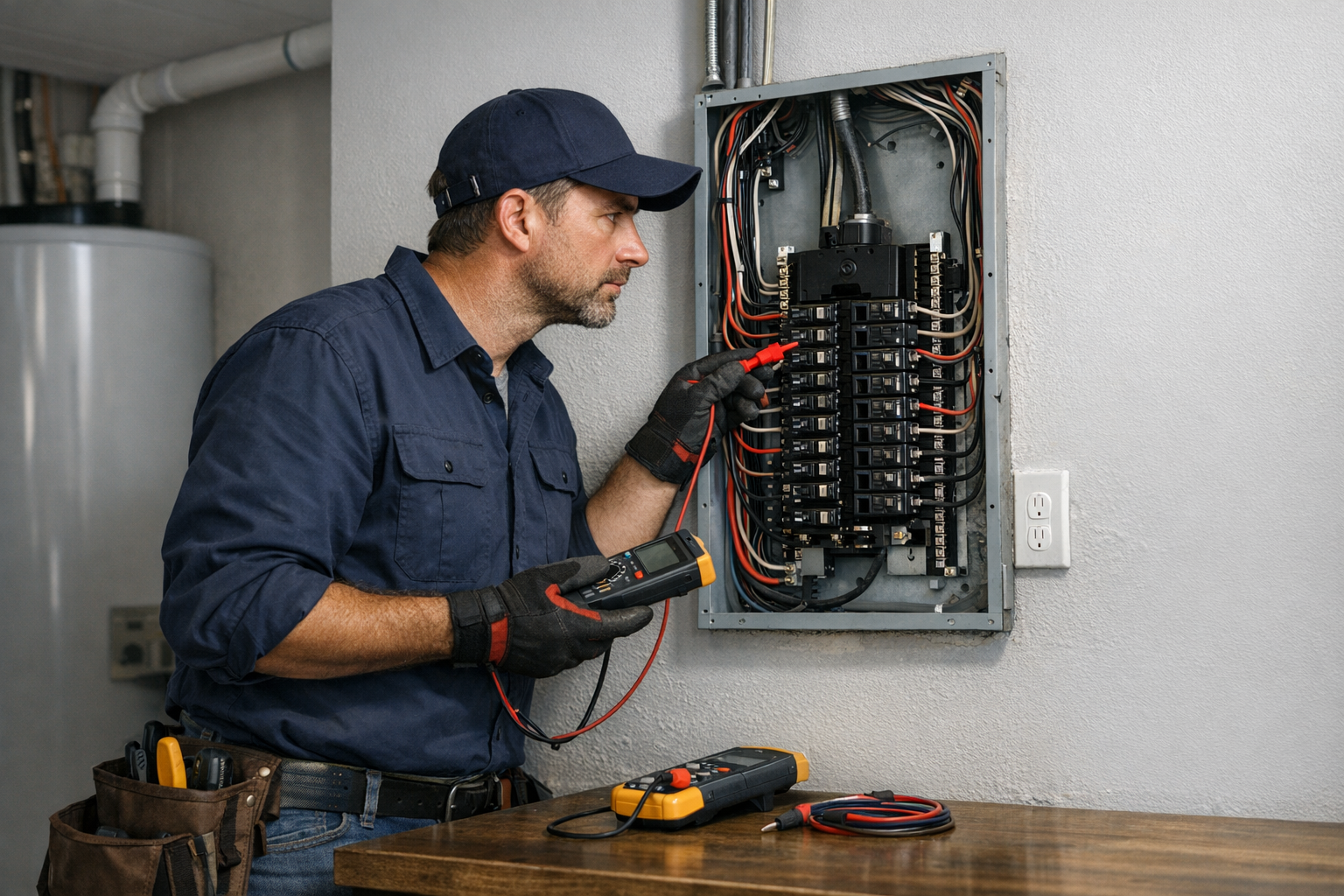 Licensed electrician inspecting a panel after resetting a breaker safely