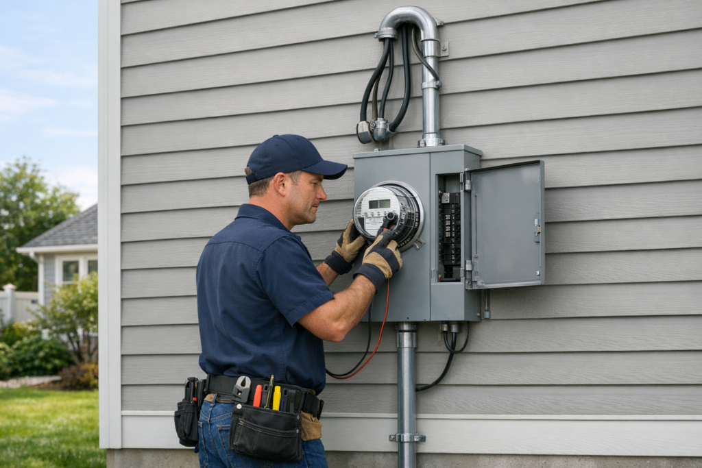 Electrician inspecting meter and panels before electrical service upgrade