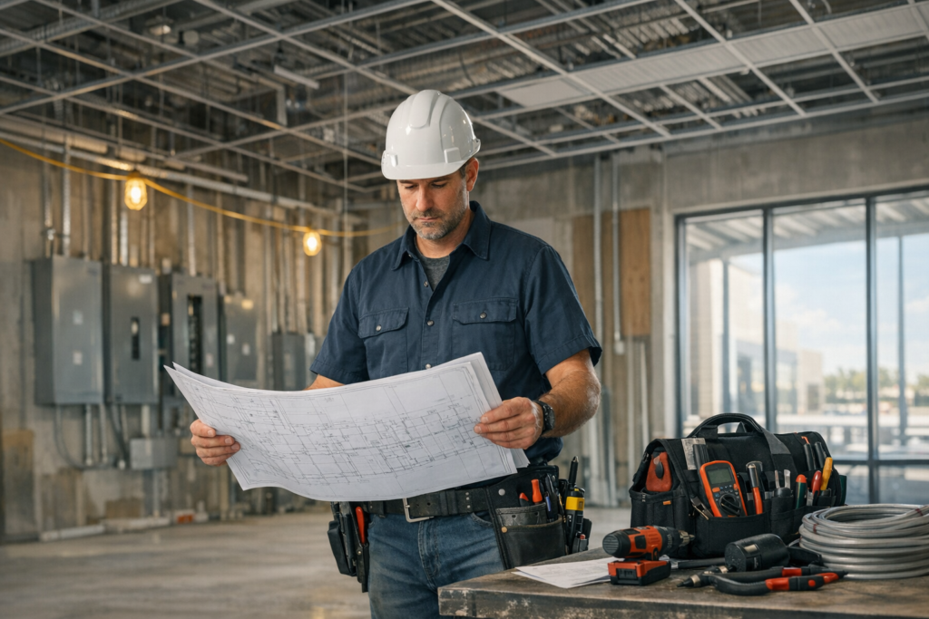 Electrician reviewing tenant improvement electrical plans in commercial space