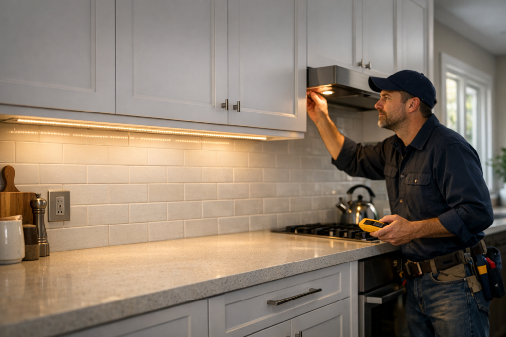 Modern kitchen under cabinet lighting installation illuminating clean countertops